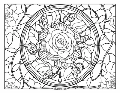 Coloriage de mandala de roses pour adultes : Mandala de roses avec des détails vitrail et des lianes tourbillonnantes