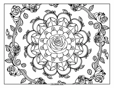 Coloriage de mandala de roses pour adultes : Mandala de roses avec des lianes, des ornements de feuilles et une bordure florale