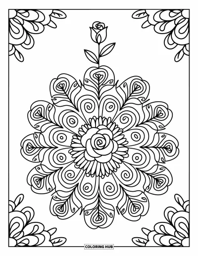 Coloriage de mandala de roses pour adultes : Mandala de boutons de roses avec des volutes en dentelle, des roses et des tourbillons de feuilles
