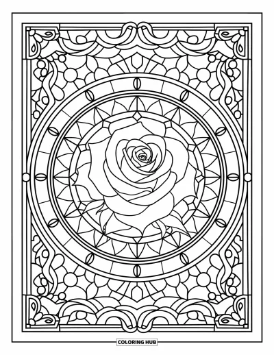 Coloriage de mandala de roses pour adultes : Mandala de roses style vitrail encadré de motifs floraux