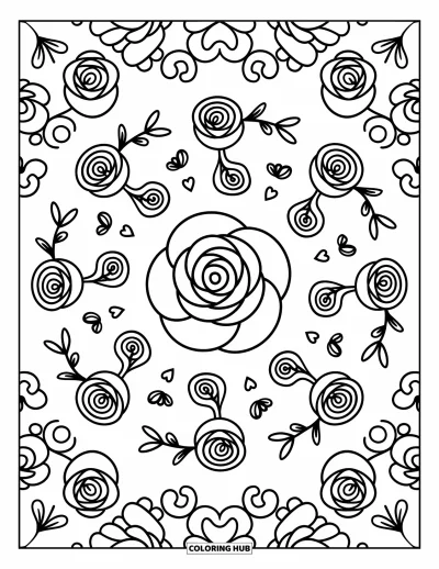 Coloriage de mandala de roses pour adultes : Mandala de roses tourbillonnant avec des fleurs en forme de cœur et des volutes de feuilles