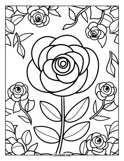 Coloriage de mandala de roses pour enfants : Grande rose avec des pétales arrondis et des feuilles formant un mandala amusant