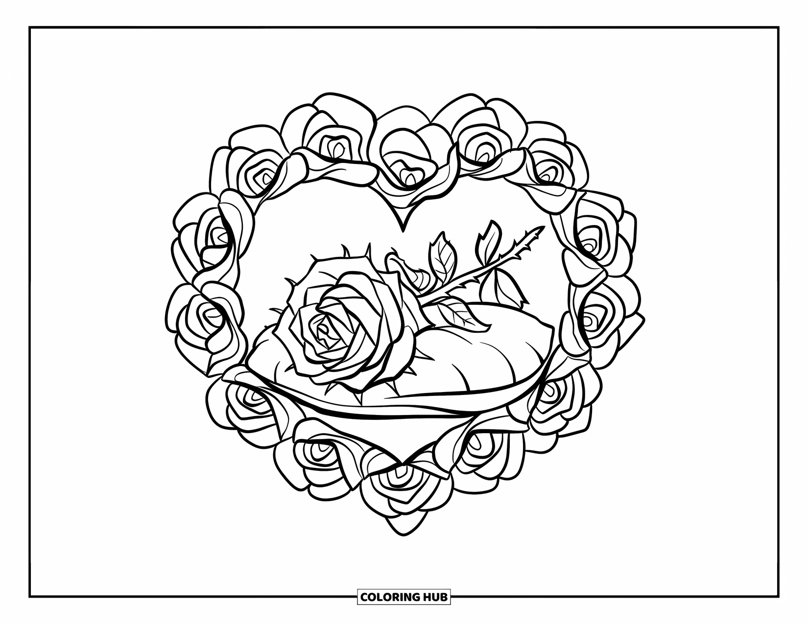 Rose Mandala Coloring Page for Kids: A detailed rose with thorns sits on a pillow in a heart-shaped rose frame