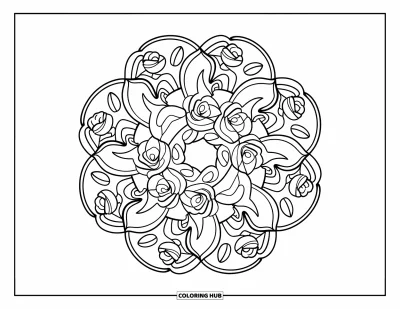 Coloriage de mandala de roses pour enfants : Couronne mandala floral avec cinq épais anneaux de pétales et de feuilles