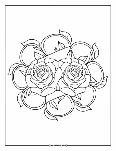 Coloriage de mandala de roses pour enfants : Deux roses s'épanouissent à l'intérieur de boucles de feuilles dans un motif circulaire
