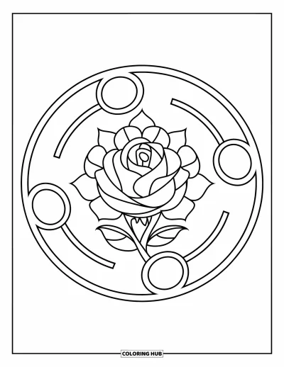 Coloriage de mandala de roses pour enfants : Rose ornementée au centre avec des boucles formant un mandala circulaire