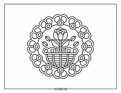 Coloriage de mandala de roses pour enfants : Une rose dans un panier au cœur de boucles de fleurs ludiques