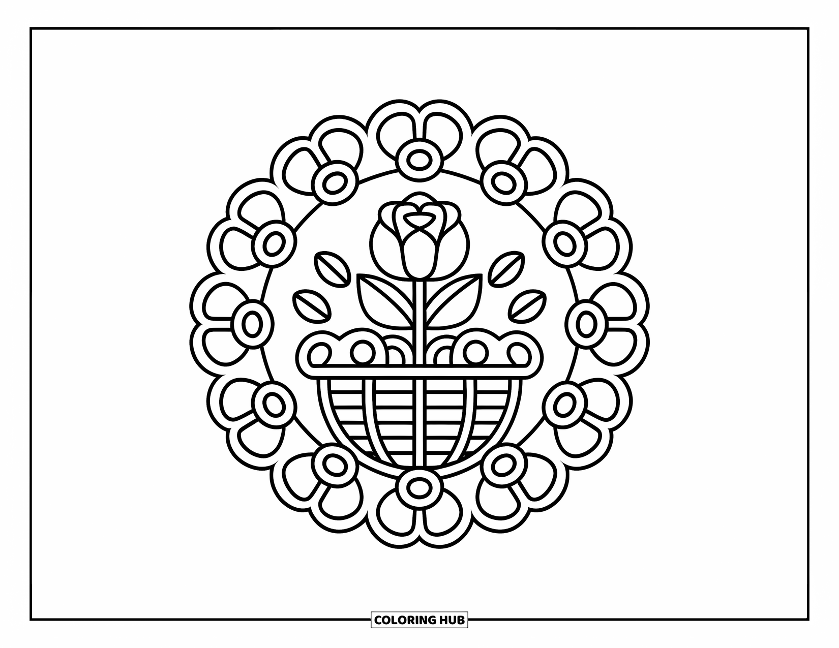 Rose Mandala Coloring Page for Kids: A rose in a basket sits at the heart of playful flower loops