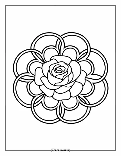 Coloriage de mandala de roses pour enfants : Une rose au centre entourée de grands pétales en boucles