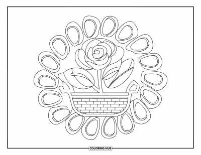 Coloriage de mandala de roses pour enfants : Une rose avec des épines dans un panier parmi des boucles de fleurs tourbillonnantes