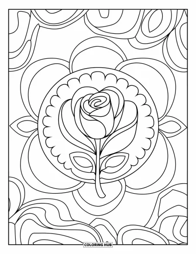 Coloriage de mandala de roses pour enfants : Un petit bouton de rose niché dans de douces boucles superposées
