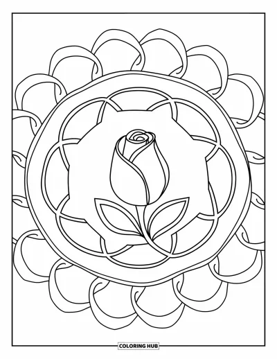 Coloriage de mandala de roses pour enfants : Un petit bouton de rose entouré de grandes boucles de mandala douces