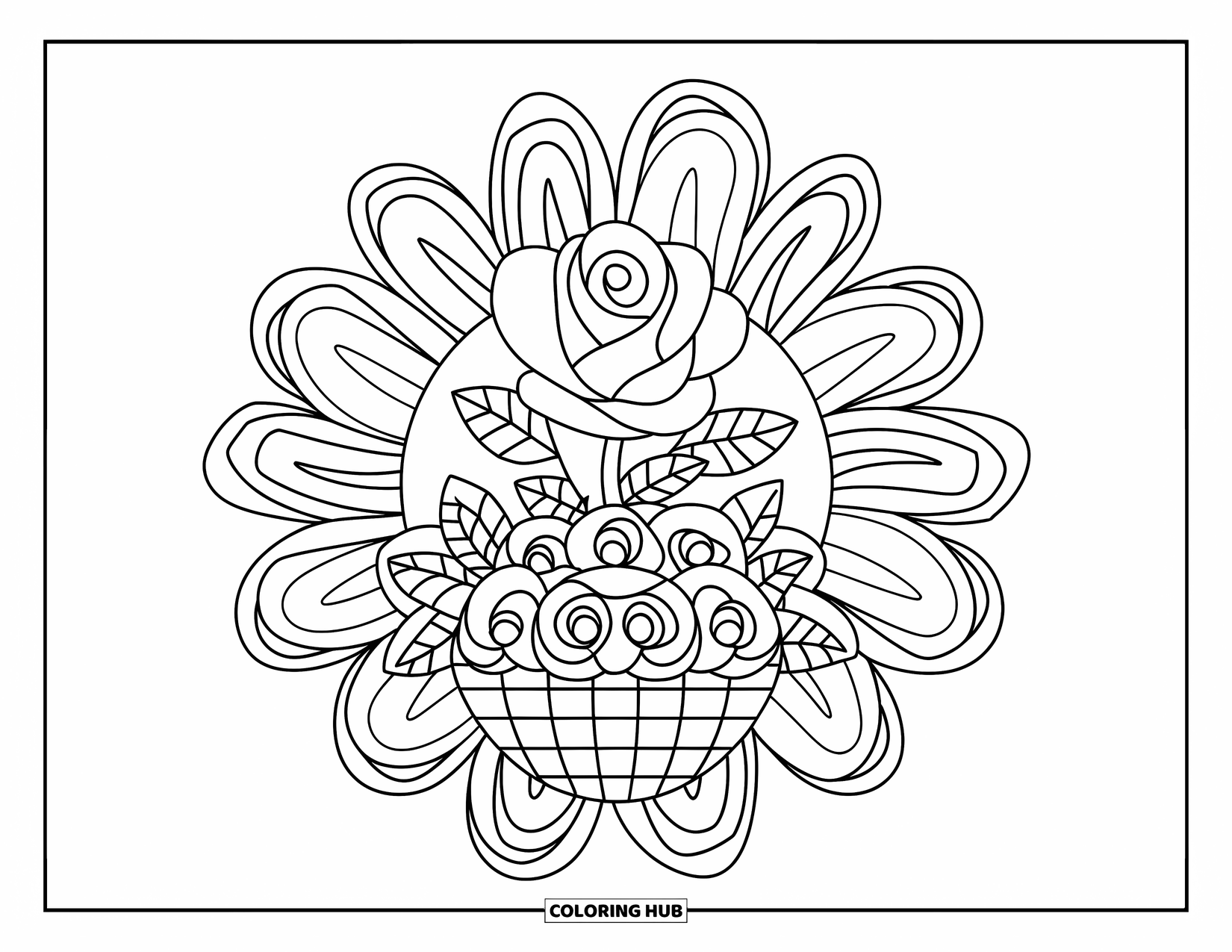 Rose Mandala Coloring Page for Kids: Basket of roses with looping flowers in a soft, cheerful mandala