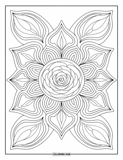 Coloriage de mandala de roses pour enfants : Mandala de roses expressif avec une symétrie superposée et des accents de feuilles