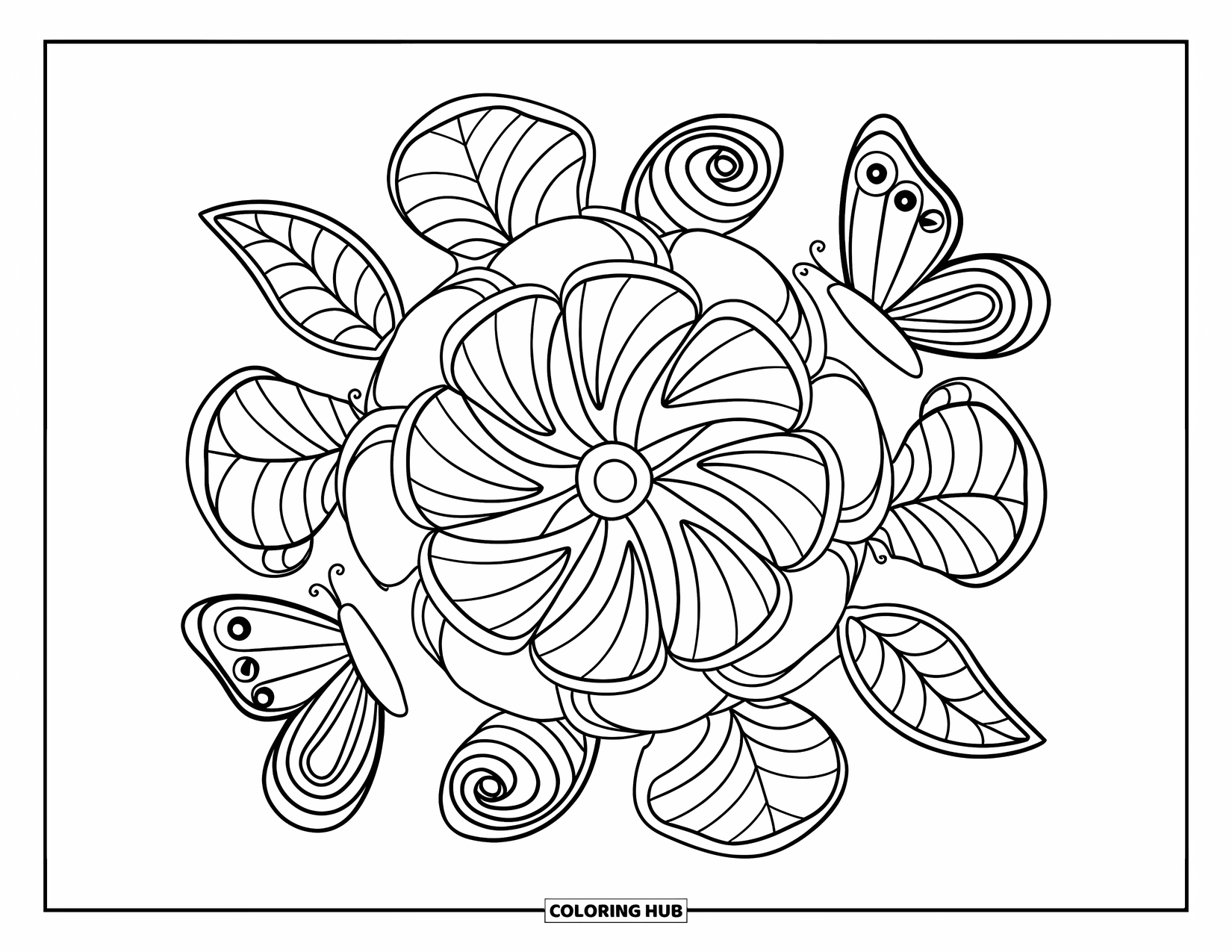 Rose Mandala Coloring Page for Kids: Butterflies and leaf spirals frame a detailed rose mandala