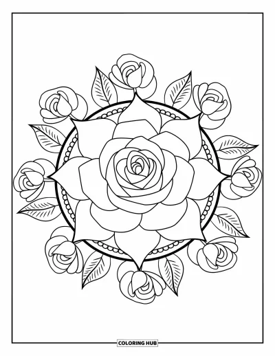 Coloriage de mandala de roses pour enfants : Rose centrale et roses environnantes forment un motif botanique symétrique