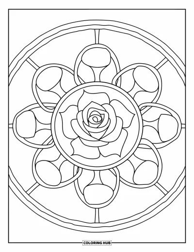 Coloriage de mandala de roses pour enfants : Rose centrale à cinq pétales avec de grandes boucles tout autour