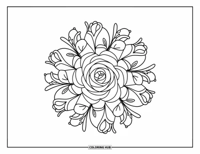 Coloriage de mandala de roses pour enfants : Mandala de roses circulaire avec des pétales, des boutons et de petits ornements pointillés