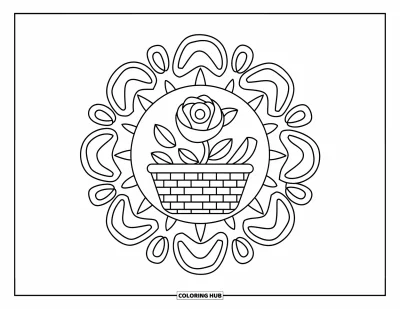 Coloriage de mandala de roses pour enfants : Rose douillette dans un panier entourée de boucles de fleurs tourbillonnantes