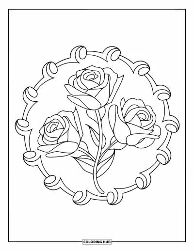 Coloriage de mandala de roses pour enfants : Des anneaux de pétales enroulés entourent trois roses dans une composition symétrique