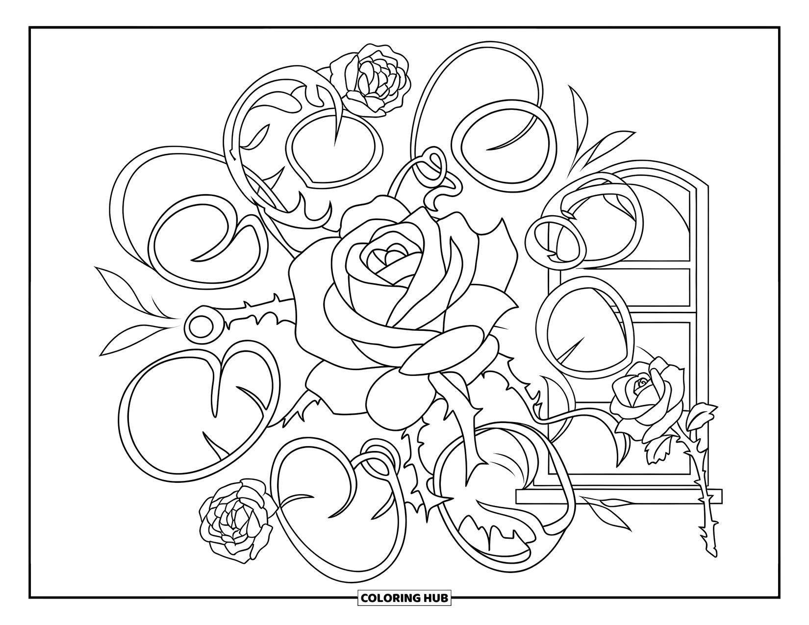 Rose Mandala Coloring Page for Kids: Curved floral loops circle a rose on a windowsill