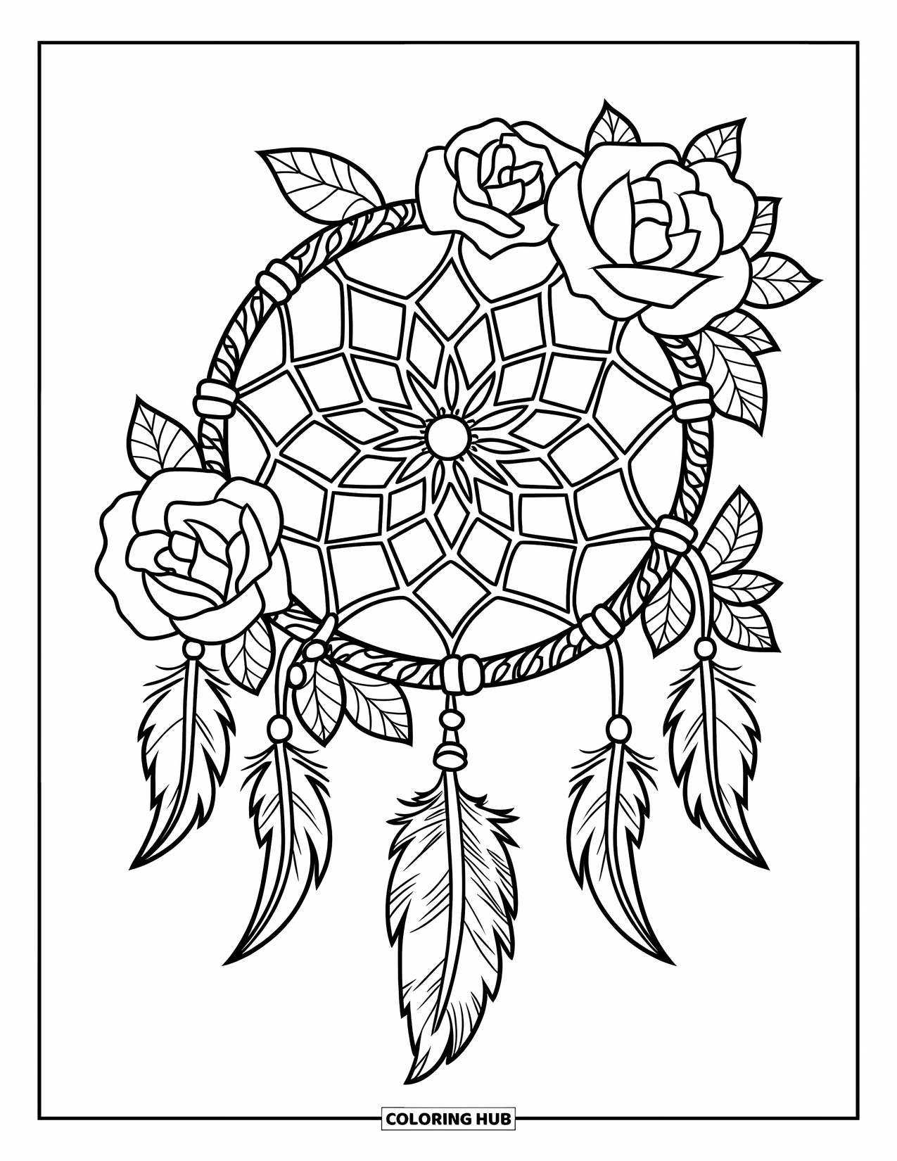 Rose Mandala Coloring Page for Kids: Dreamcatcher mandala with roses, vines, feathers, and a cone