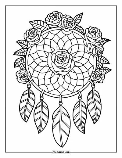 Coloriage de mandala de roses pour enfants : Mandala style attrape-rêves rempli de roses et de lianes sinueuses