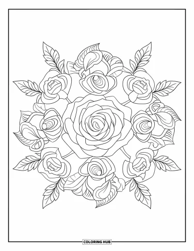 Coloriage de mandala de roses pour enfants : Grande rose centrale entourée de roses plus petites dans un motif feuillagé