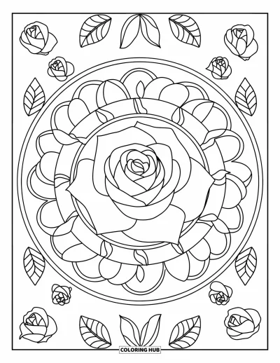 Coloriage de mandala de roses pour enfants : Grande rose avec des cercles feuillagés formant un mandala simple et joyeux