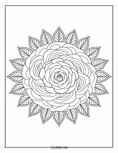 Coloriage de mandala de roses pour enfants : Des roses superposées et des feuilles en dentelle forment un mandala de roses expressif