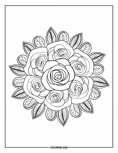 Coloriage de mandala de roses pour enfants : Des roses superposées et des motifs de feuilles tourbillonnent dans un mandala détaillé