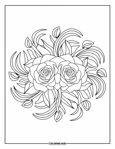 Coloriage de mandala de roses pour enfants : Des boucles de feuilles entourent deux roses épanouies dans une composition mandala apaisante