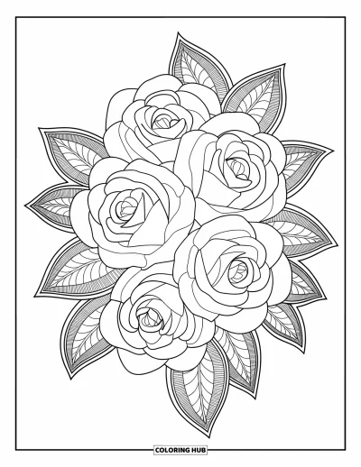 Coloriage de mandala de roses pour enfants : Mandala avec des roses superposées et de délicates feuilles style dentelle