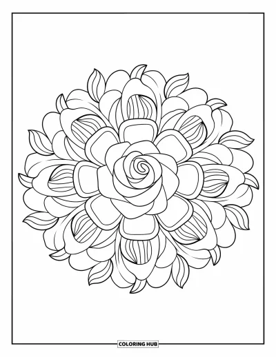 Coloriage de mandala de roses pour enfants : Des boutons de roses répétés et des feuilles enroulées forment un mandala circulaire