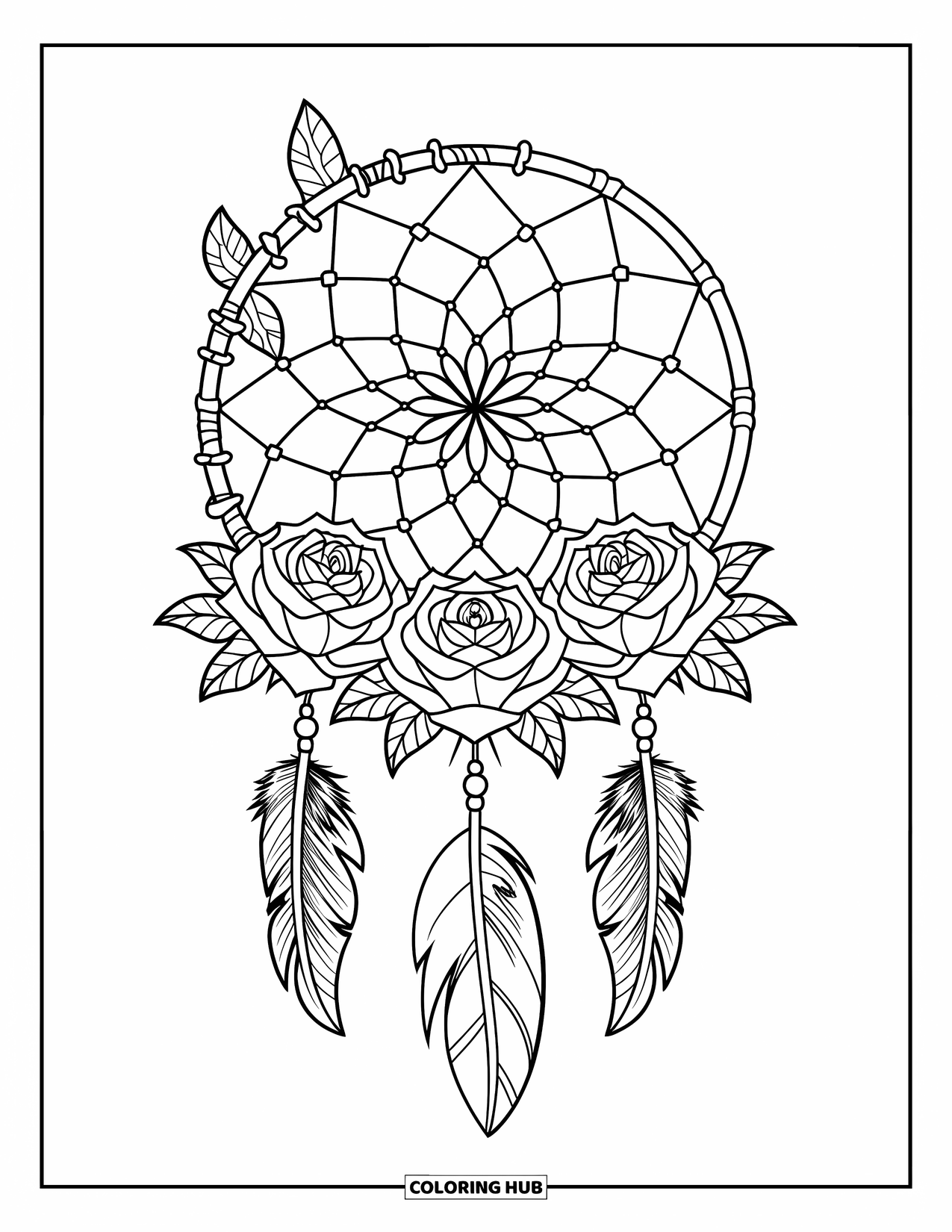 Rose Mandala Coloring Page for Kids: Rose-filled dreamcatcher mandala with blooming petals and hanging beads