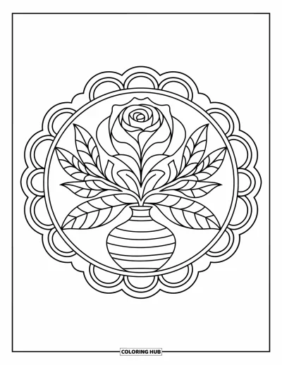 Coloriage de mandala de roses pour enfants : Rose dans un vase au centre d'anneaux de pétales festonnés