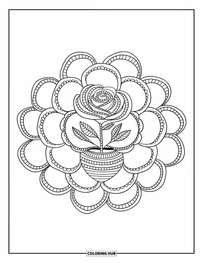 Coloriage de mandala de roses pour enfants : Rose dans un vase entourée de pétales festonnés superposés
