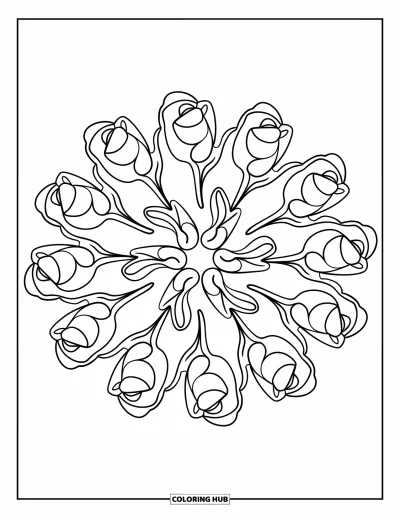 Coloriage de mandala de roses pour enfants : Mandala de roses composé de boutons de roses et de feuilles tourbillonnantes