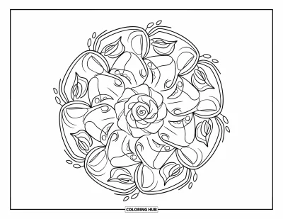 Coloriage de mandala de roses pour enfants : Mandala de roses garni de pétales, de boutons et d'ornements pointillés ludiques