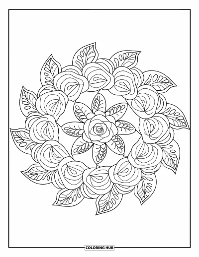 Coloriage de mandala de roses pour enfants : Mandala de roses composé de roses superposées et de motifs de feuilles style dentelle