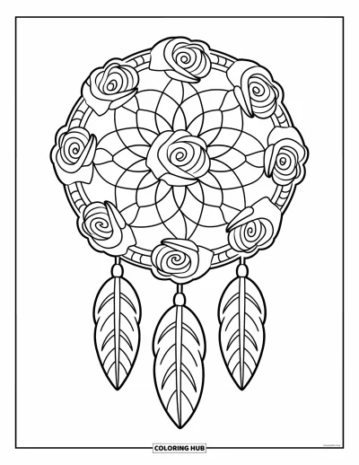 Coloriage de mandala de roses pour enfants : Mandala de roses en forme d'attrape-rêves avec des lianes et des roses
