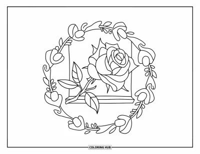 Coloriage de mandala de roses pour enfants : Rose sur un rebord de fenêtre entourée de boucles florales et de volutes