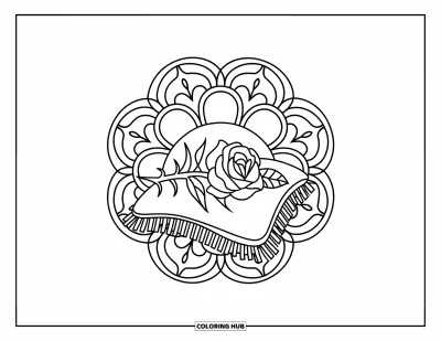Coloriage de mandala de roses pour enfants : Rose posée sur un coussin à l'intérieur d'un cadre de mandala en forme de fleur tourbillonnante