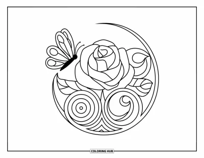 Coloriage de mandala de roses pour enfants : Rose avec des papillons et des spirales de feuilles disposés en motif circulaire