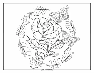 Coloriage de mandala de roses pour enfants : Rose avec des papillons et des spirales de feuilles enroulées