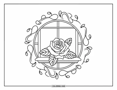 Coloriage de mandala de roses pour enfants : Rose avec des pétales et des boucles posée sur un rebord de fenêtre