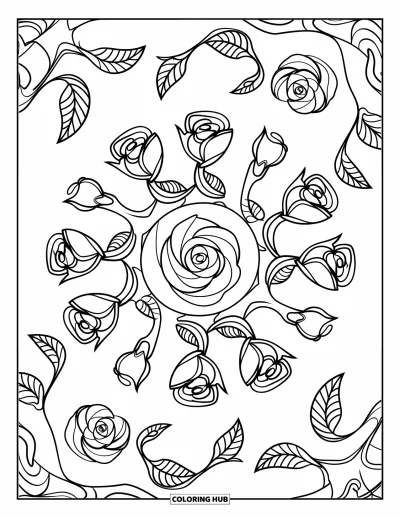 Coloriage de mandala de roses pour enfants : Mandala de boutons de roses avec des motifs de feuilles enroulées à chaque niveau