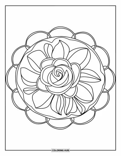 Coloriage de mandala de roses pour enfants : Bouton de rose au centre de niveaux de mandala doux et bouclés