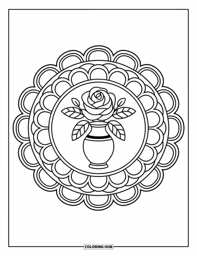 Coloriage de mandala de roses pour enfants : Des pétales festonnés encerclent un vase avec une rose épanouie
