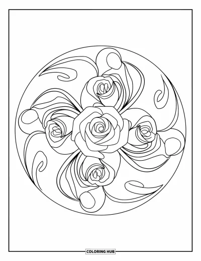Coloriage de mandala de roses pour enfants : Trois roses et des anneaux de pétales superposés forment un mandala circulaire